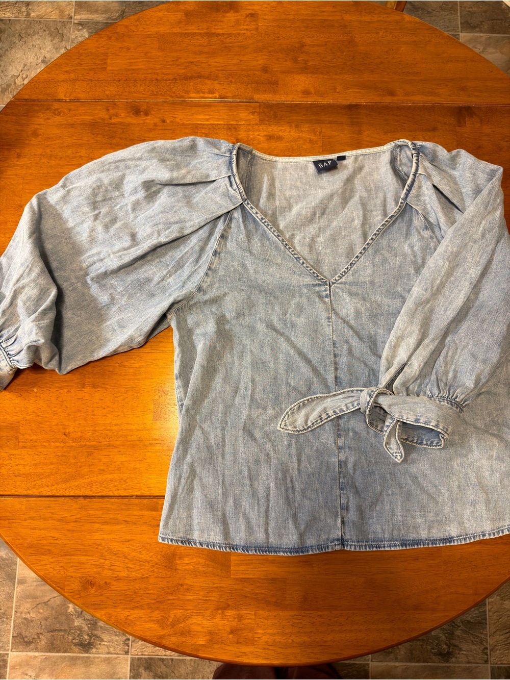 GAP Light Blue Denim V-Neck Puff Sleeve Top